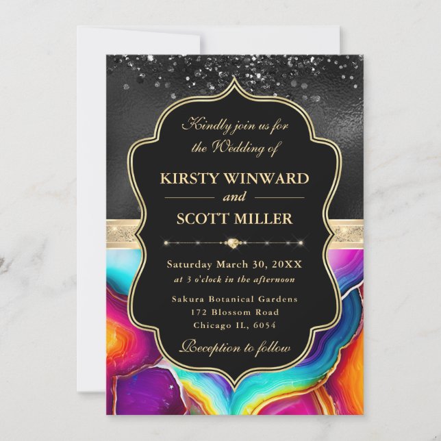Elegant Rainbow Agate Black Glitter Wedding Invitation (Front)