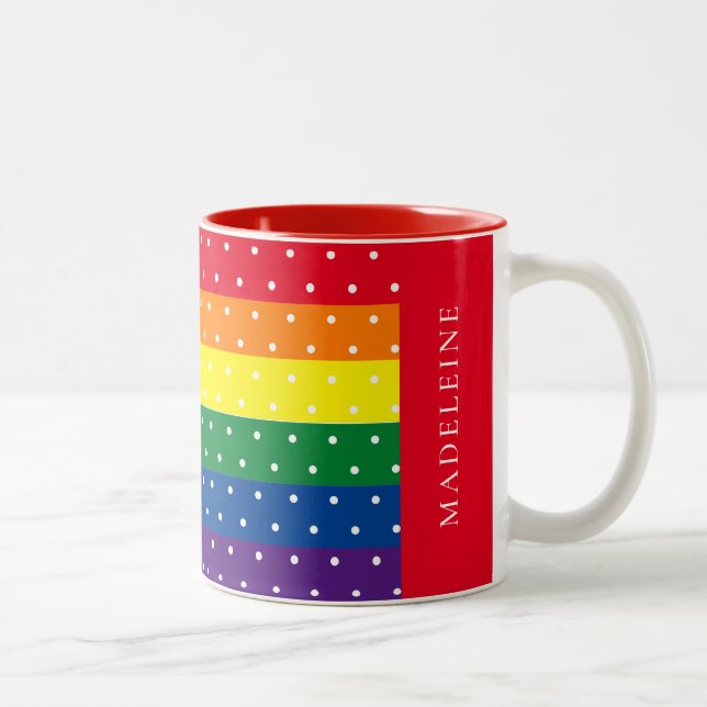 Elegant Rainbow and White Polka Dot Name  Two-Tone Coffee Mug (Right)