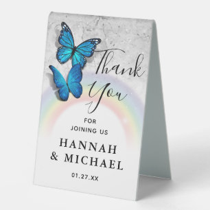 Elegant Rainbow Blue Butterfly Wedding Thank You Table Tent