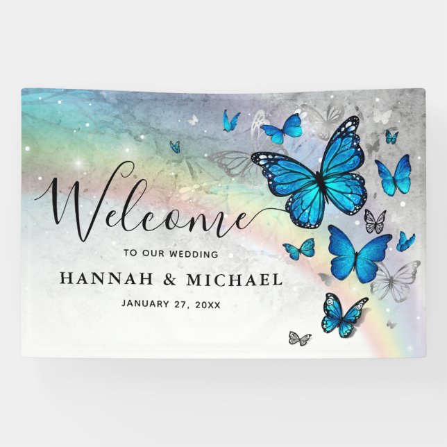 Elegant Rainbow Blue Butterfly Wedding Welcome Banner (Horizontal)