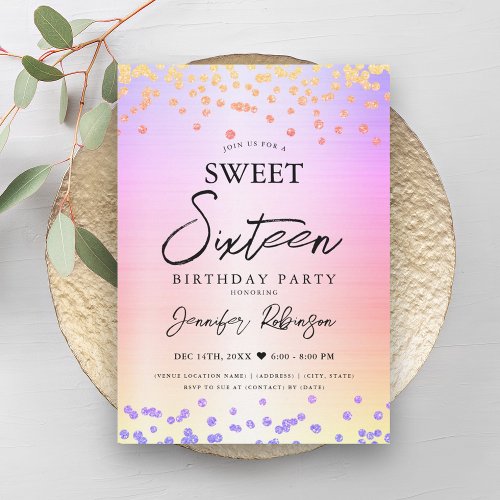 Elegant Rainbow Chic Glitter Confetti Sweet 16  Invitation