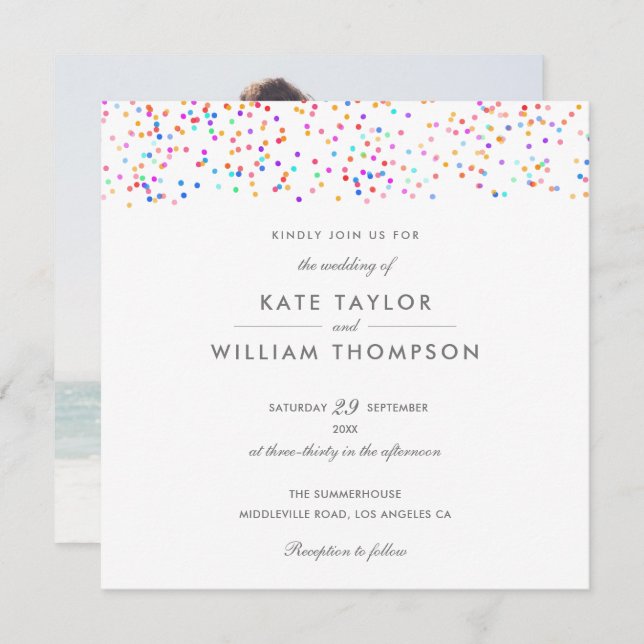Elegant Rainbow Confetti Photo Wedding Invitation (Front/Back)