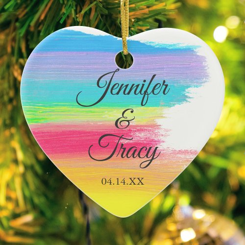 Elegant Rainbow Custom LGBT Couple Photo Christmas Ceramic Ornament