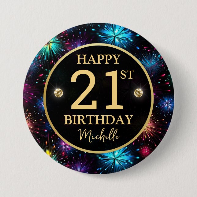 Elegant Rainbow Fireworks 21st birthday Button (Front)