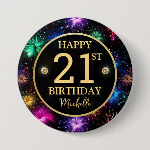 Elegant Rainbow Fireworks 21st Birthday Button