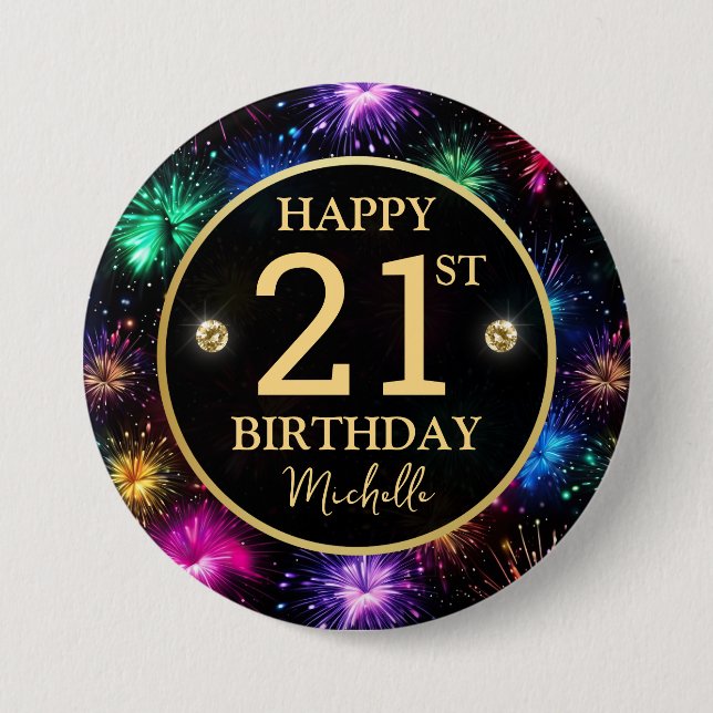 Elegant Rainbow Fireworks 21st Birthday Button (Front)