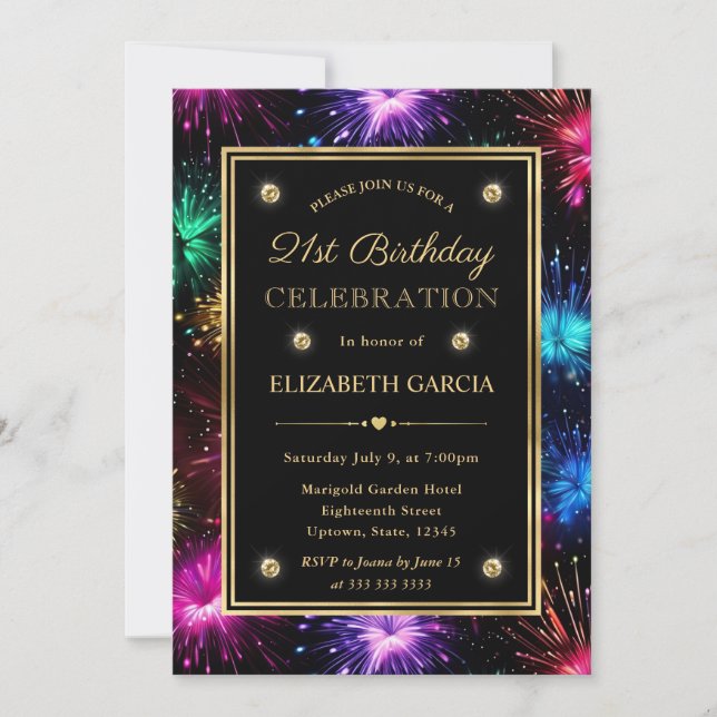 Elegant Rainbow Fireworks Frame 21st Birthday Invitation (Front)