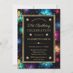 Elegant Rainbow Fireworks Frame 21st Birthday Invitation