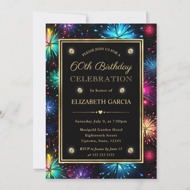Elegant Rainbow Fireworks Frame 60th Birthday Invitation (Front)