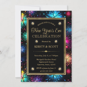 Elegant Rainbow Fireworks Frame New Year's Eve Invitation