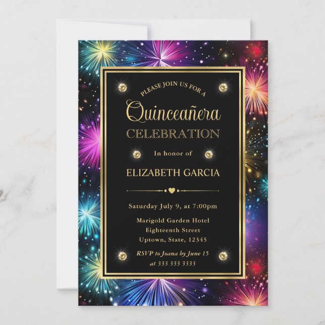 Elegant Rainbow Fireworks Frame Quinceanera Invitation (Front)