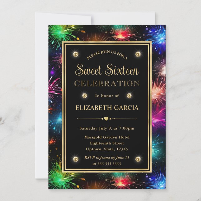 Elegant Rainbow Fireworks Frame Sweet Sixteen Invitation (Front)
