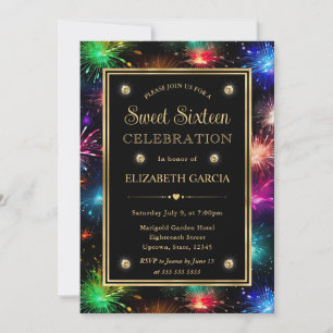 Elegant Rainbow Fireworks Frame Sweet Sixteen Invitation