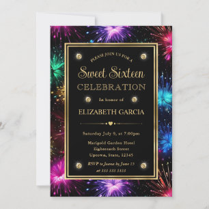 Elegant Rainbow Fireworks Frame Sweet Sixteen Invitation