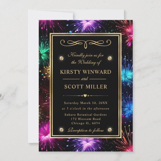 Elegant Rainbow Fireworks Gold Frame Wedding Invitation (Front)
