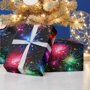 Elegant Rainbow Fireworks on Black Background Wrapping Paper