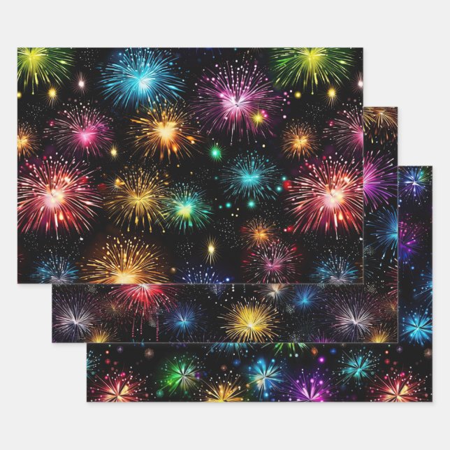 Elegant Rainbow Fireworks on Black Background Wrapping Paper Sheets (Set)
