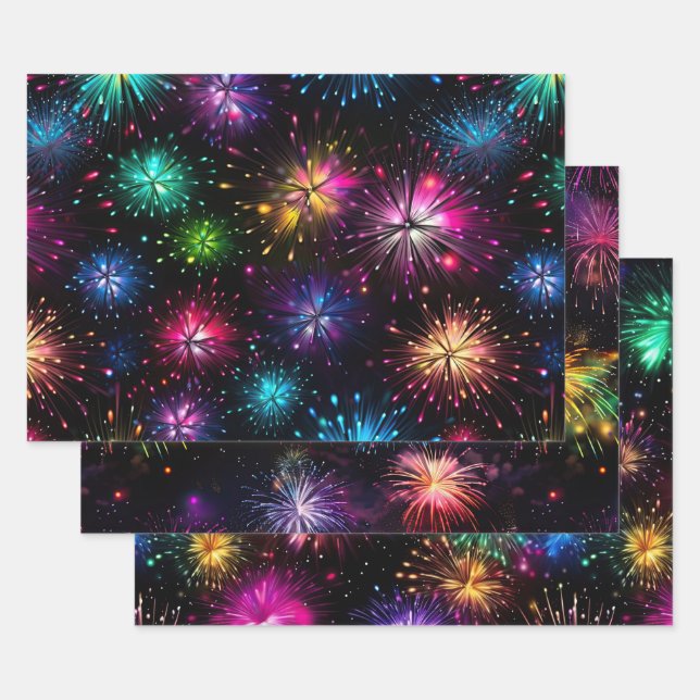 Elegant Rainbow Fireworks on Black Background Wrapping Paper Sheets (Set)