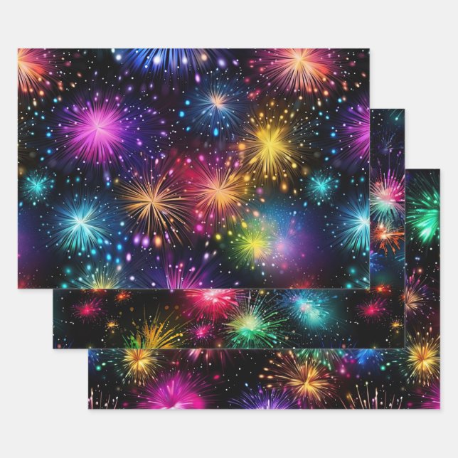 Elegant Rainbow Fireworks on Black Background Wrapping Paper Sheets (Set)