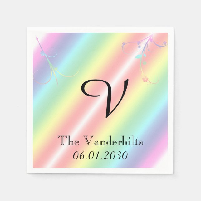 Elegant Rainbow Floral Monogram Wedding Napkins (Front)