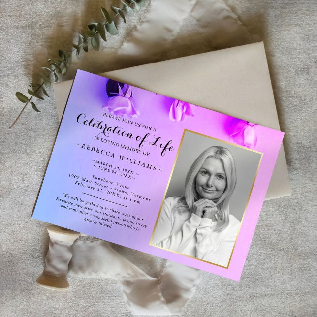 Elegant Rainbow Floral Photo Celebration of life Invitation (Creator Uploaded)