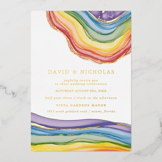 Elegant Rainbow Geode | Wedding Real Gold Foil Invitation (Front)