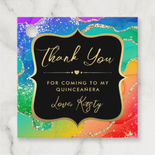 Elegant Rainbow Glitter Agate and Gold Quinceanera Favor Tags