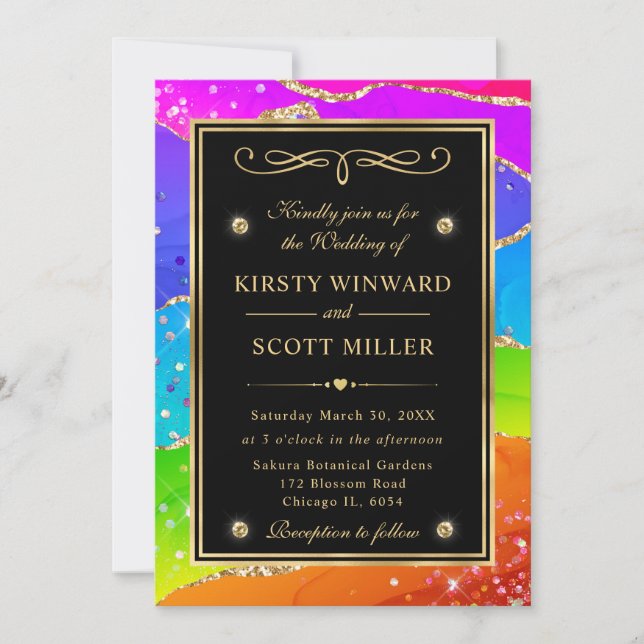 Elegant Rainbow Glitter Agate and Gold Wedding Invitation (Front)