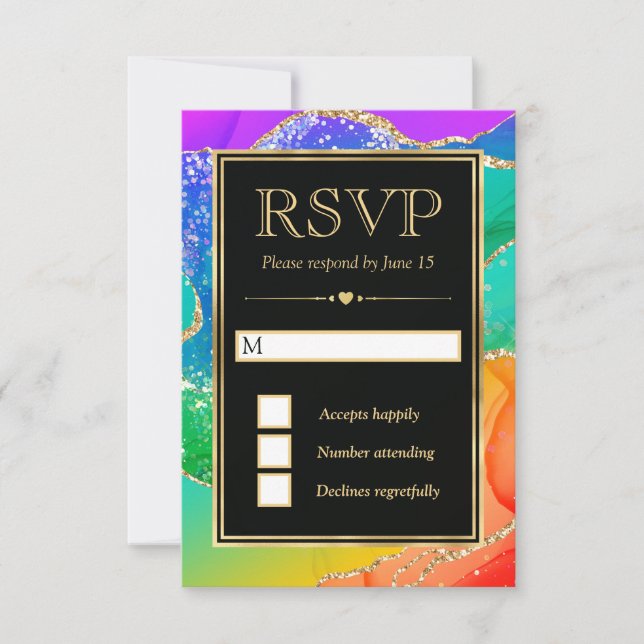 Elegant Rainbow Glitter Agate and Gold Wedding RSVP Card (Front)