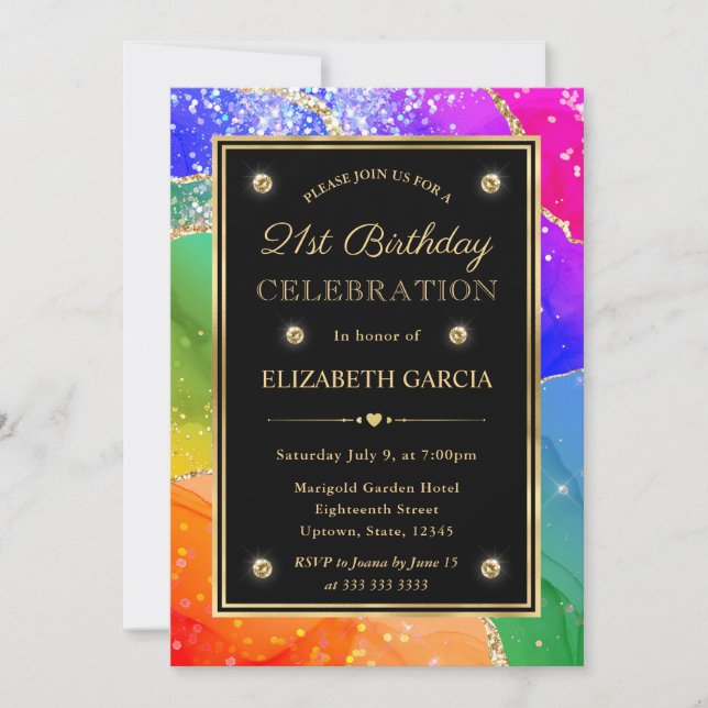 Elegant Rainbow Glitter Agate & Gold 21st Birthday Invitation (Front)