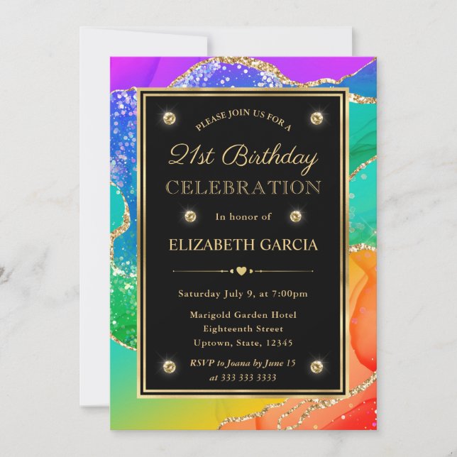 Elegant Rainbow Glitter Agate & Gold 21st Birthday Invitation (Front)