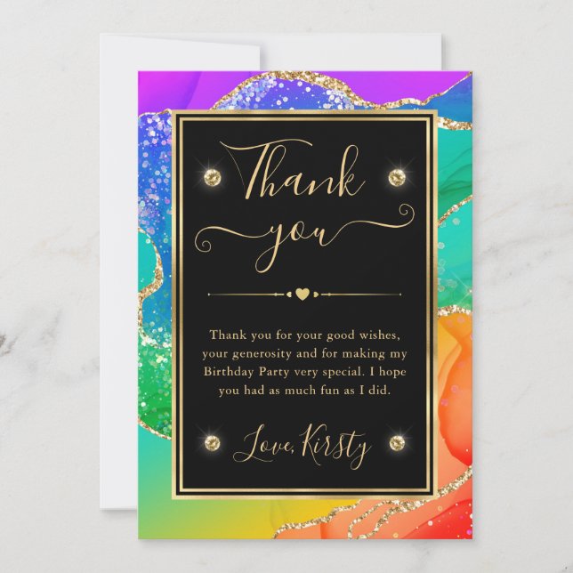 Elegant Rainbow Glitter Agate & Gold Birthday Thank You Card (Front)