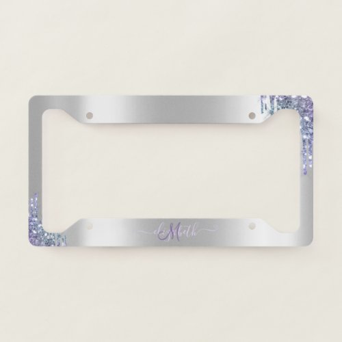 Elegant Rainbow Glitter Drips Monogram Silver  License Plate Frame