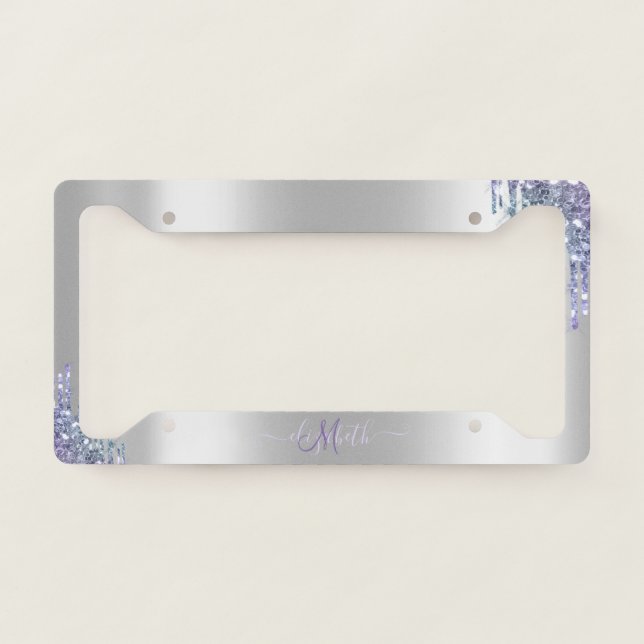 Elegant Rainbow Glitter Drips Monogram Silver  License Plate Frame (Front)
