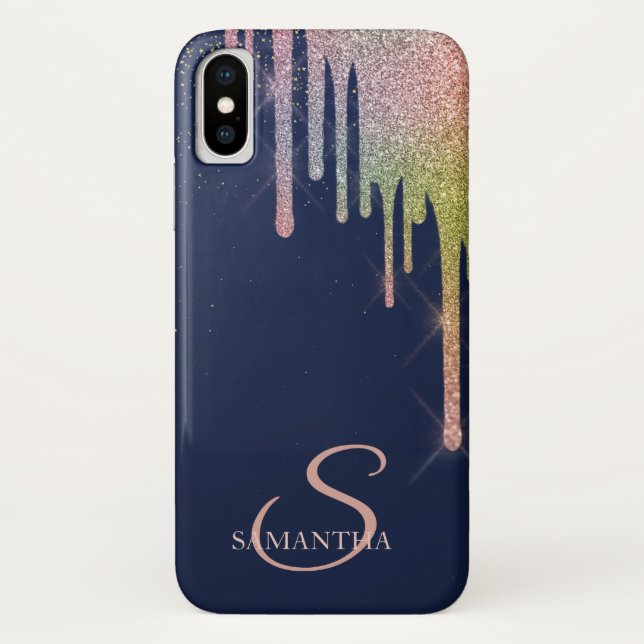 Elegant Rainbow Glitter Drips,Navy Blue Case-Mate iPhone Case (Back)