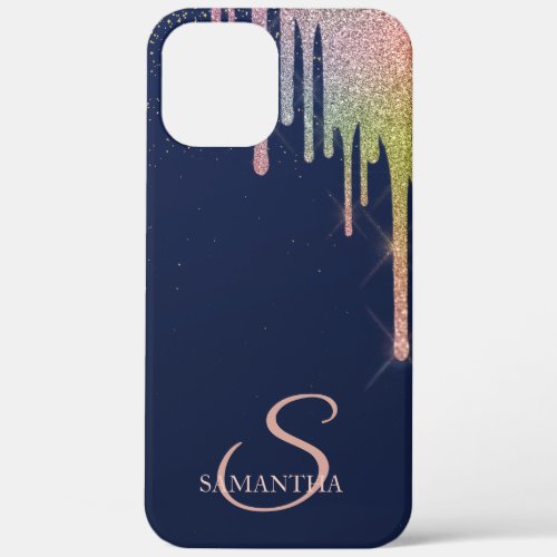 Elegant Rainbow Glitter DripsNavy Blue  iPhone 12 Pro Max Case