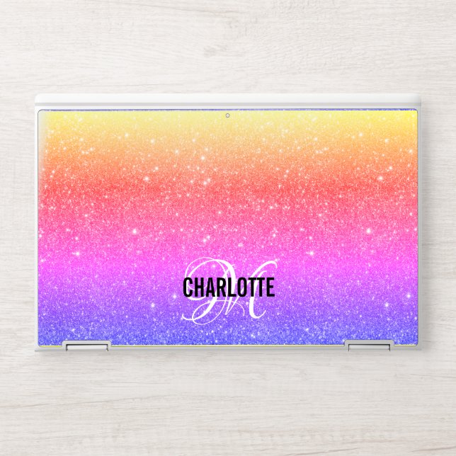 Elegant rainbow glitter monogram name  HP laptop skin (Front)
