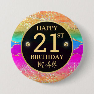 Elegant Rainbow Gold Glitter Agate 21st Birthday Button