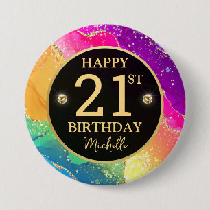Elegant Rainbow Gold Glitter Agate 21st Birthday Button
