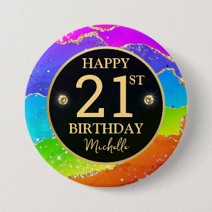 Elegant Rainbow Gold Glitter Agate 21st Birthday Button