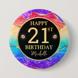 Elegant Rainbow Gold Glitter Agate 21st Birthday Button