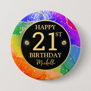 Elegant Rainbow Gold Glitter Agate 21st Birthday Button
