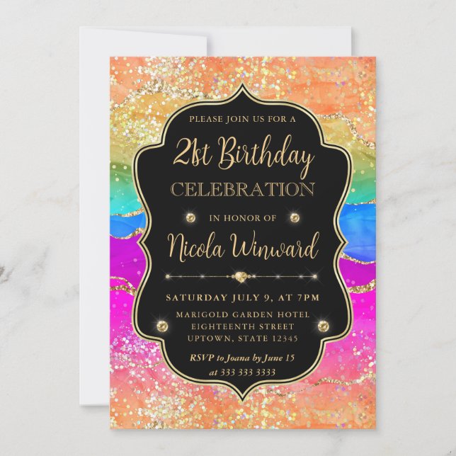 Elegant Rainbow Gold Glitter Frame 21st Birthday Invitation (Front)