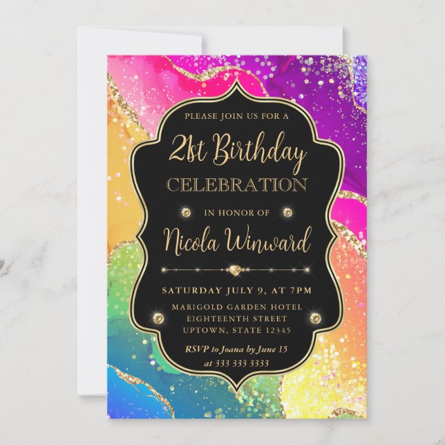 Elegant Rainbow Gold Glitter Frame 21st Birthday Invitation (Front)