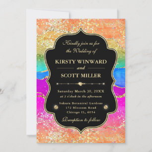 Elegant Rainbow Gold Glitter Frame Wedding Invitation