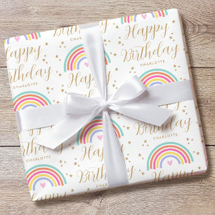 Elegant Rainbow Heart Happy Birthday Name Wrapping Paper