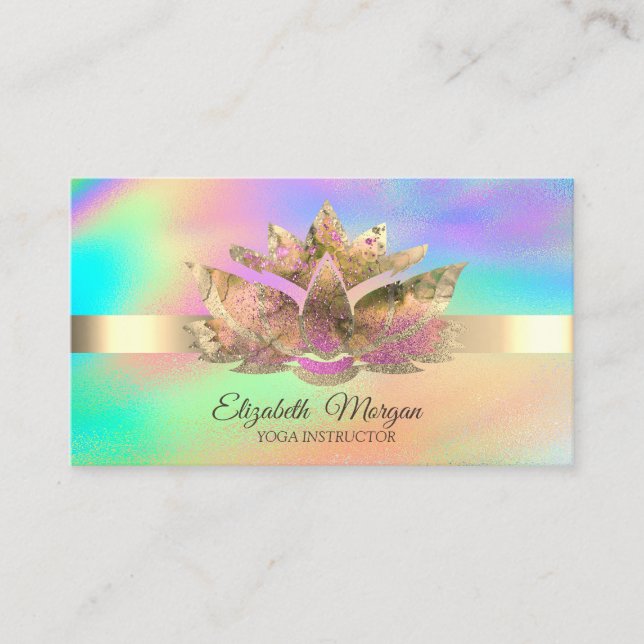 Elegant Rainbow Holographic,Gold Lotus  Business Card (Front)