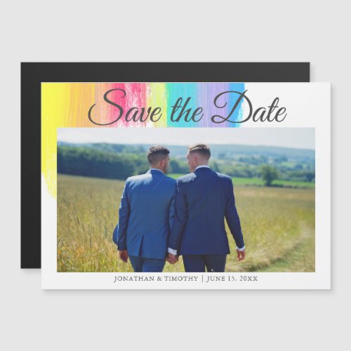 Elegant Rainbow LGBTQ Couple Photo Save the Date Magnetic Invitation