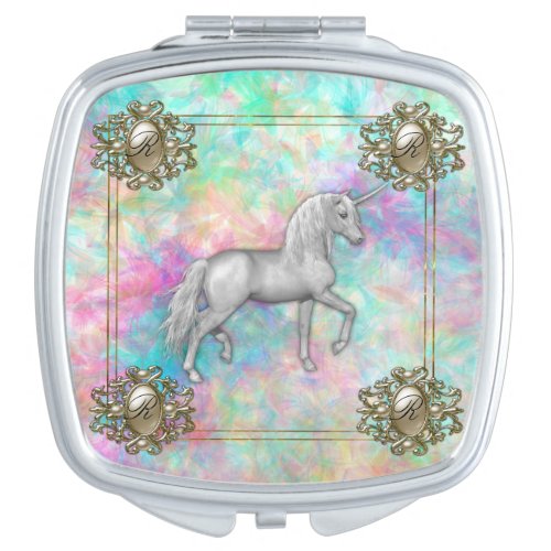 Elegant Rainbow Monogrammed Unicorn  Compact Mirror