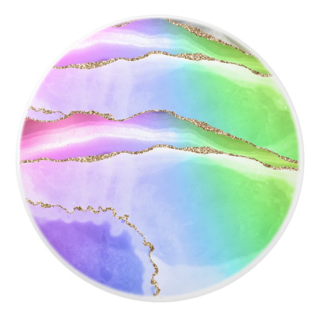 Elegant Rainbow Pastel Geode Agate Geode Gray Ceramic Knob (Front)